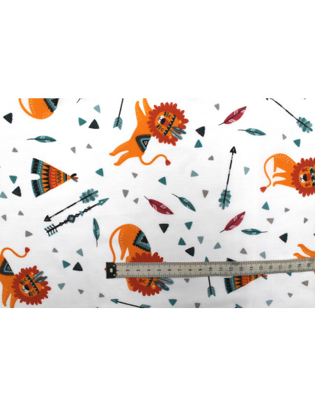 Tissu Popeline PolyCoton Imprimé Lion Indien Blanc -Au Mètre