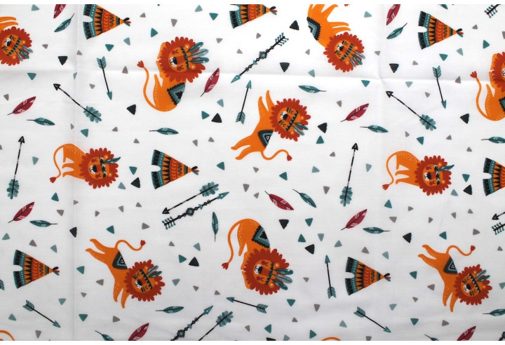 Tissu Popeline PolyCoton Imprimé Lion Indien Blanc -Au Mètre