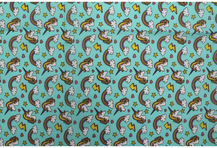 Tissu Popeline PolyCoton Imprimé Licorne Aqua -Au Mètre