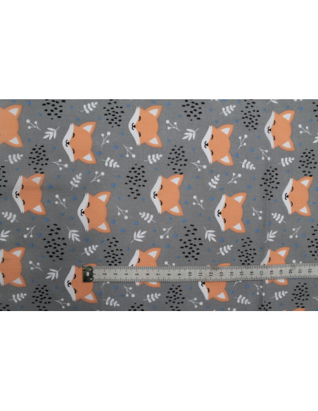 Tissu Popeline PolyCoton Imprimé Renard Gris -Au Mètre