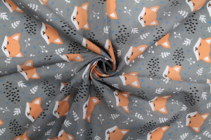 Tissu Popeline PolyCoton Imprimé Renard Gris -Au Mètre