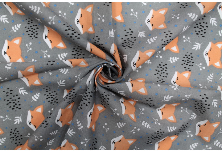 Tissu Popeline PolyCoton Imprimé Renard Gris -Au Mètre