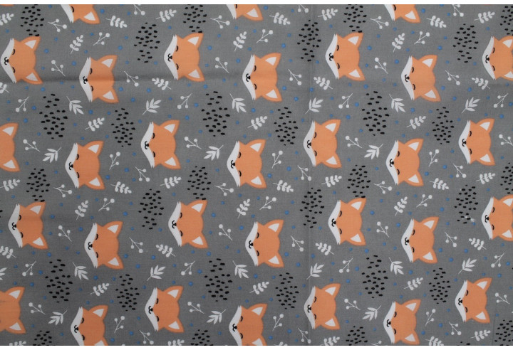 Tissu Popeline PolyCoton Imprimé Renard Gris -Au Mètre