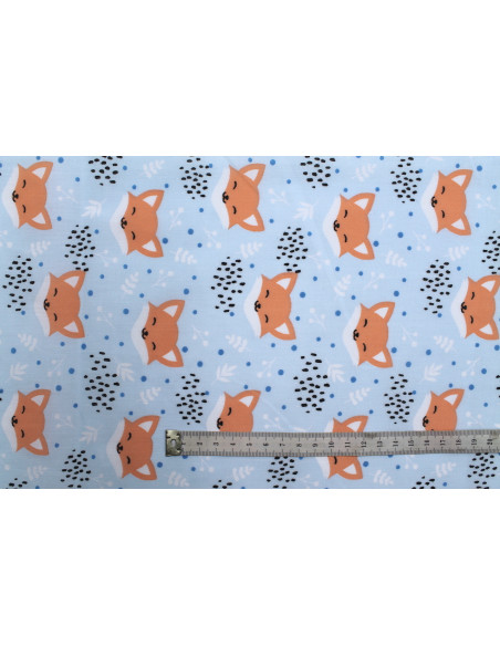 Tissu Popeline PolyCoton Imprimé Renard Bleu Ciel -Au Mètre