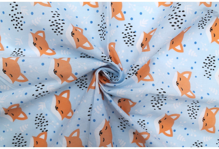 Tissu Popeline PolyCoton Imprimé Renard Bleu Ciel -Au Mètre