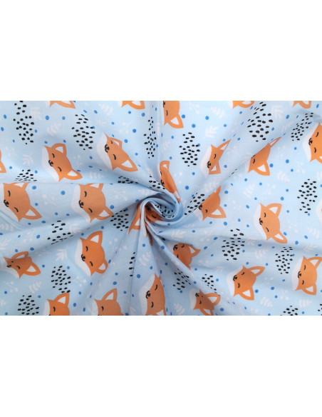 Tissu Popeline PolyCoton Imprimé Renard Bleu Ciel -Au Mètre