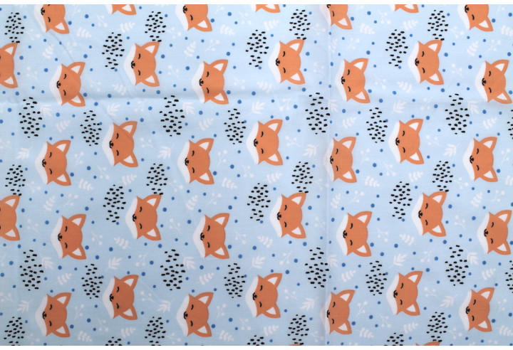 Tissu Popeline PolyCoton Imprimé Renard Bleu Ciel -Au Mètre