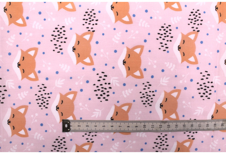 Tissu Popeline PolyCoton Imprimé Renard Rose clair -Au Mètre