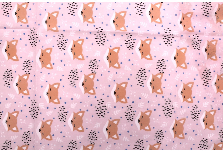Tissu Popeline PolyCoton Imprimé Renard Rose clair -Au Mètre