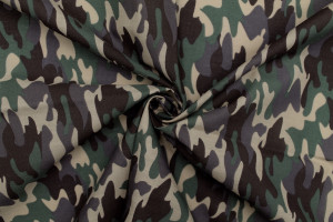 Tissu Popeline PolyCoton Imprimé Camouflage Kaki -Au Mètre
