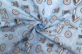 Tissu Popeline PolyCoton Imprimé Couture Bleu Ciel -Au Mètre