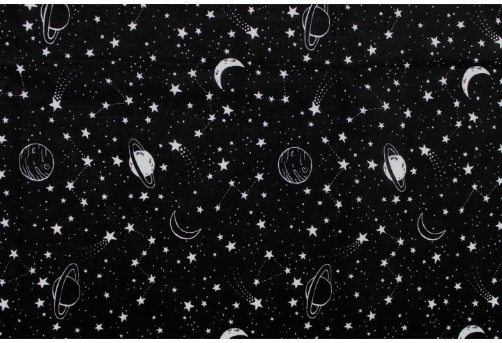 Tissu Popeline PolyCoton Imprimé Galaxie Noir -Au Mètre