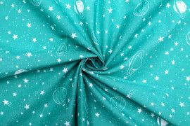 Tissu Popeline PolyCoton Imprimé Galaxie Bleu Tiffany -Au Mètre