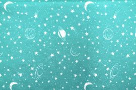 Tissu Popeline PolyCoton Imprimé Galaxie Bleu Tiffany -Au Mètre