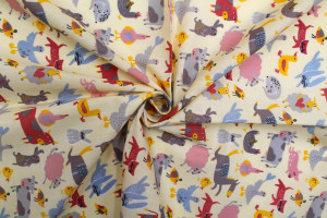 Tissu Popeline PolyCoton Imprimé Animaux Beige -Au Mètre