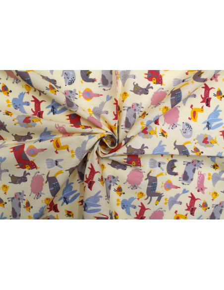 Tissu Popeline PolyCoton Imprimé Animaux Beige -Au Mètre