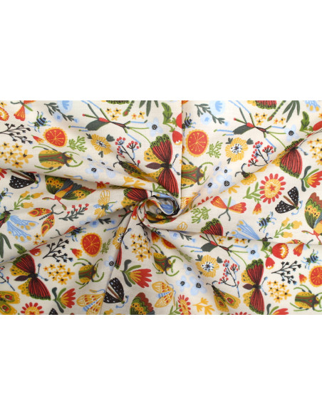 Tissu Popeline PolyCoton Imprimé Insectes Beige -Au Mètre