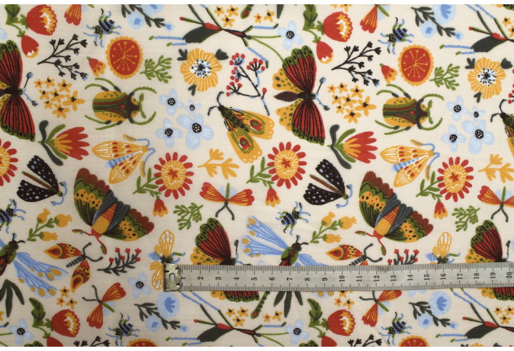 Tissu Popeline PolyCoton Imprimé Insectes Beige -Au Mètre