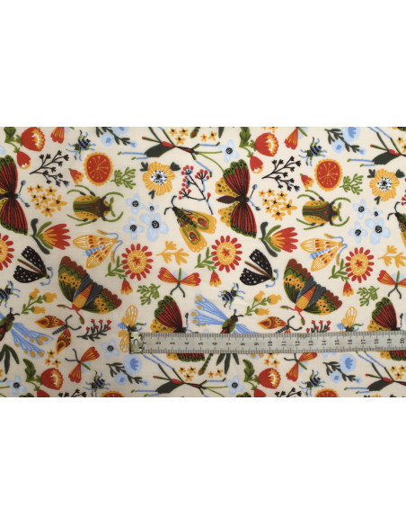 Tissu Popeline PolyCoton Imprimé Insectes Beige -Au Mètre