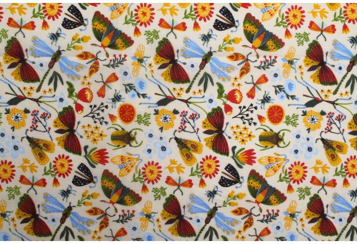 Tissu Popeline PolyCoton Imprimé Insectes Beige -Au Mètre