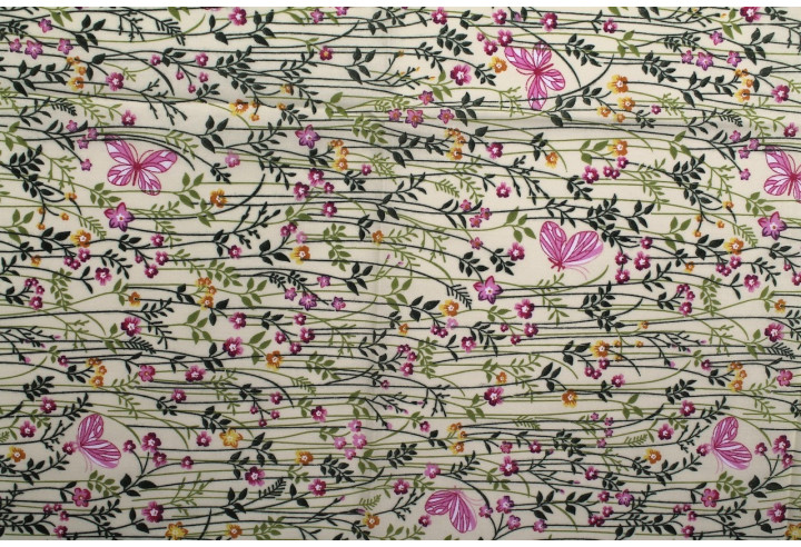Tissu Popeline PolyCoton Imprimé Fleur Ficello Beige -Au Mètre
