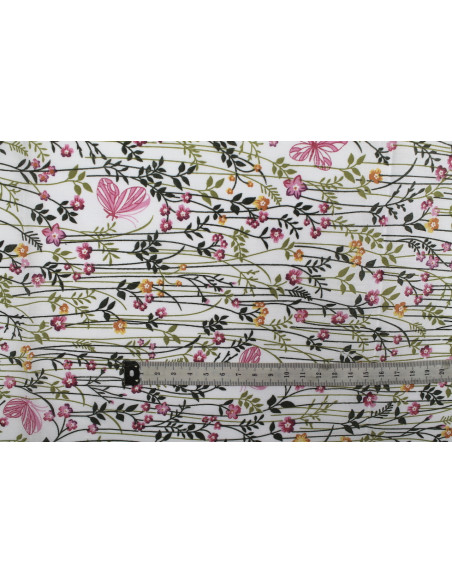 Tissu Popeline PolyCoton Imprimé Fleur Ficello Blanc -Au Mètre