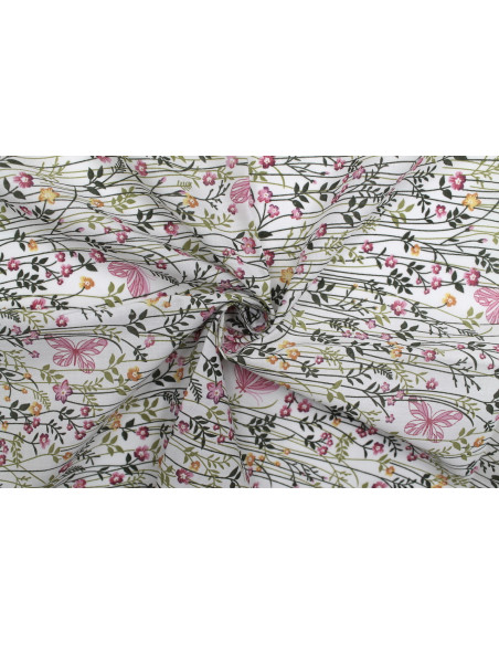 Tissu Popeline PolyCoton Imprimé Fleur Ficello Blanc -Au Mètre