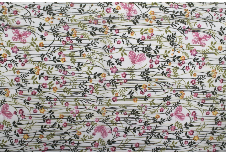 Tissu Popeline PolyCoton Imprimé Fleur Ficello Blanc -Au Mètre
