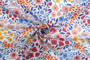 Tissu Popeline PolyCoton Imprimé Fleur Happy Blanc -Au Mètre
