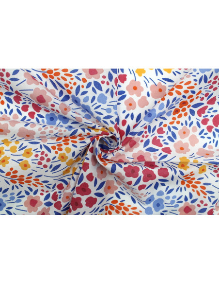 Tissu Popeline PolyCoton Imprimé Fleur Happy Blanc -Au Mètre