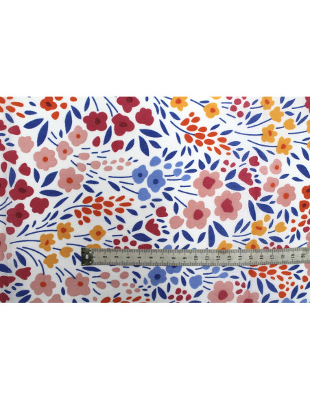 Tissu Popeline PolyCoton Imprimé Fleur Happy Blanc -Au Mètre