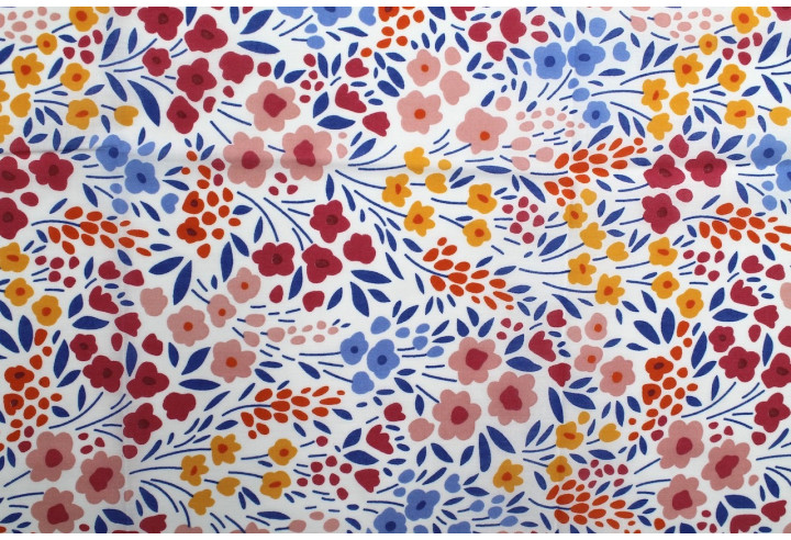 Tissu Popeline PolyCoton Imprimé Fleur Happy Blanc -Au Mètre