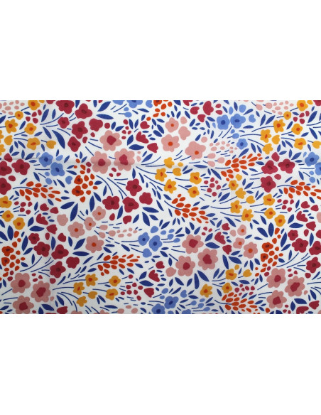 Tissu Popeline PolyCoton Imprimé Fleur Happy Blanc -Au Mètre