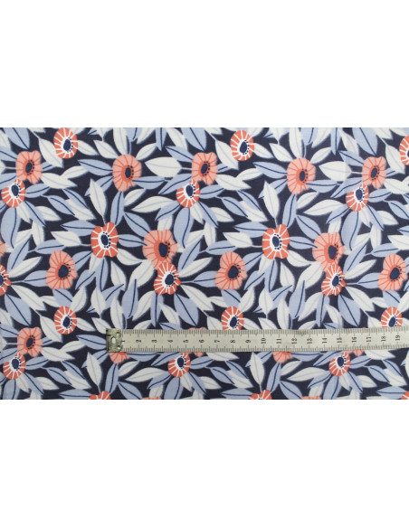 Tissu Popeline PolyCoton Imprimé Fleur Louane Marine -Au Mètre
