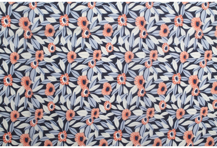 Tissu Popeline PolyCoton Imprimé Fleur Louane Marine -Au Mètre
