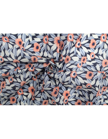 Tissu Popeline PolyCoton Imprimé Fleur Louane Marine -Au Mètre