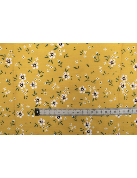 Tissu Popeline PolyCoton Imprimé Fleur Molie Moutarde -Au Mètre