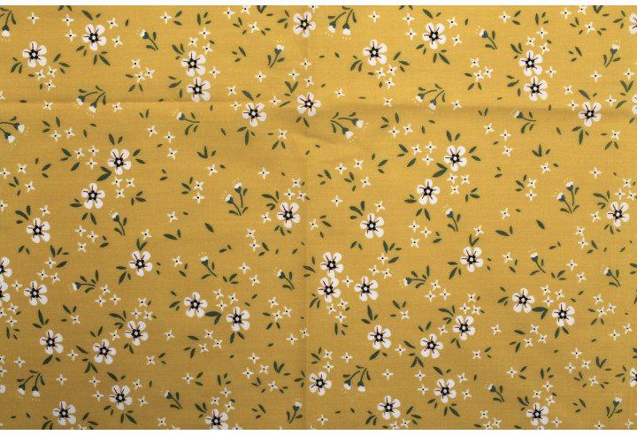 Tissu Popeline PolyCoton Imprimé Fleur Molie Moutarde -Au Mètre