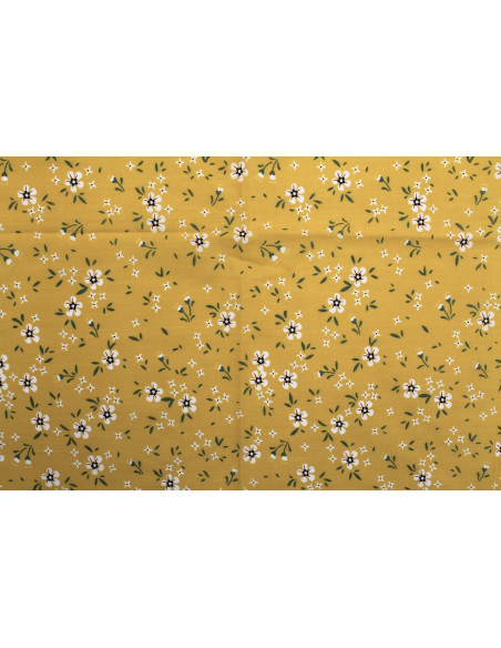 Tissu Popeline PolyCoton Imprimé Fleur Molie Moutarde -Au Mètre
