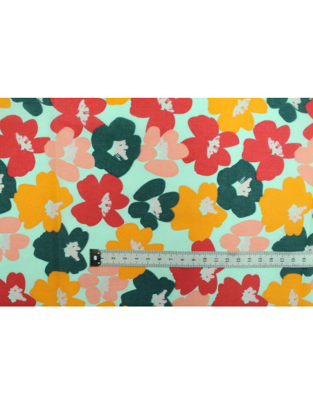 Tissu Popeline PolyCoton Imprimé Fleur Sofia Aqua -Au Mètre