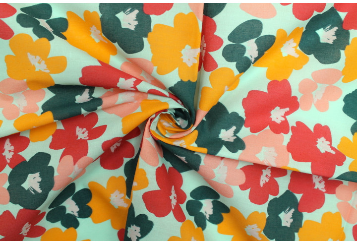 Tissu Popeline PolyCoton Imprimé Fleur Sofia Aqua -Au Mètre