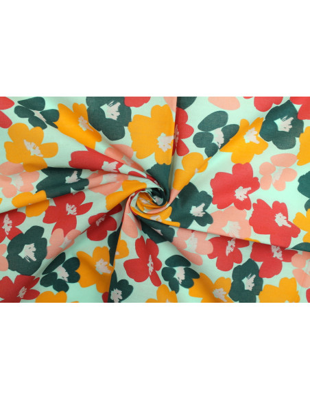 Tissu Popeline PolyCoton Imprimé Fleur Sofia Aqua -Au Mètre