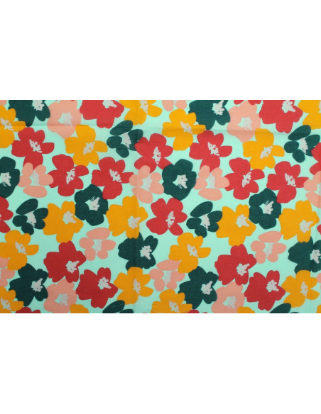 Tissu Popeline PolyCoton Imprimé Fleur Sofia Aqua -Au Mètre