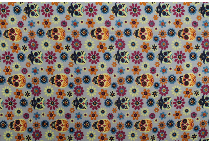 Tissu Popeline PolyCoton Imprimé Skulls Gris -Au Mètre