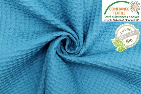 Tissu Éponge Nid d'Abeille Coton Bio Turquoise -Au Mètre