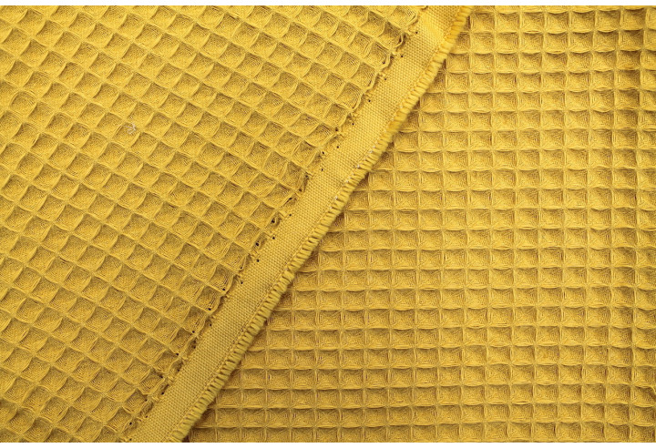 Tissu Éponge Nid d'Abeille Coton Bio Moutarde - Au Mètre