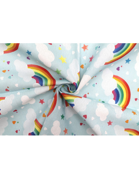Tissu Bachette Coton Imprimé Arc en Ciel Bleu Ciel -Au Mètre