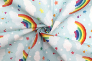 Tissu Bachette Coton Imprimé Arc en Ciel Bleu Ciel -Au Mètre