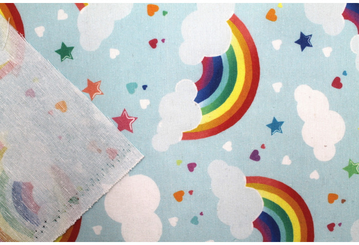 Tissu Bachette Coton Imprimé Arc en Ciel Bleu Ciel -Au Mètre