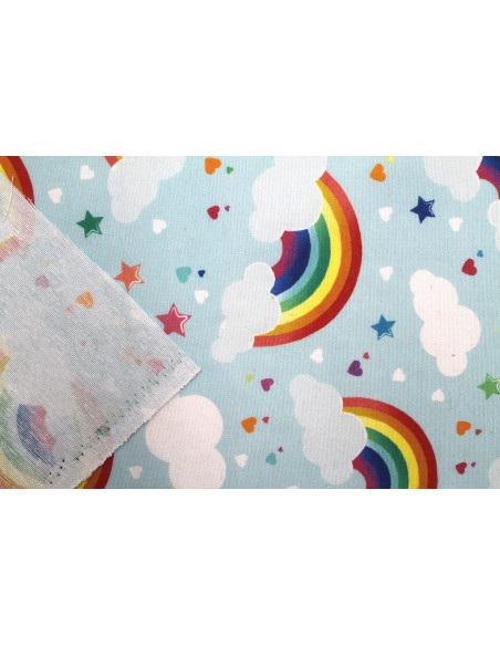 Tissu Bachette Coton Imprimé Arc en Ciel Bleu Ciel -Au Mètre